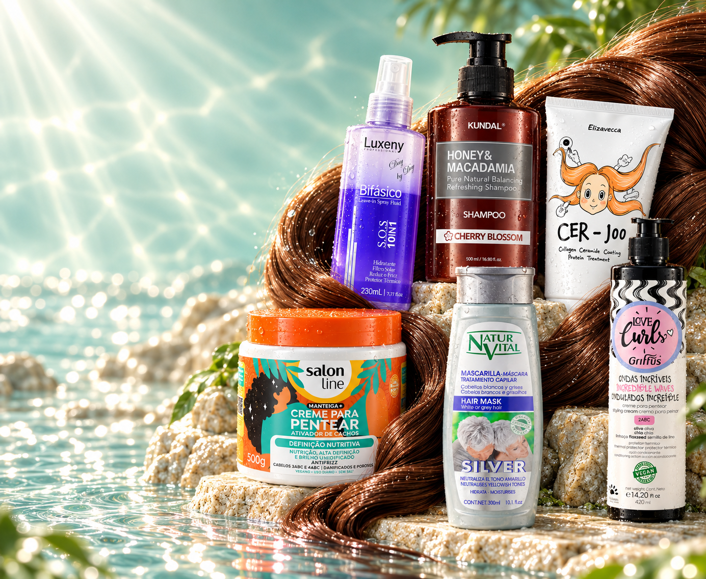 Productos de distintas marcas entre cabello y agua con luz de estudio