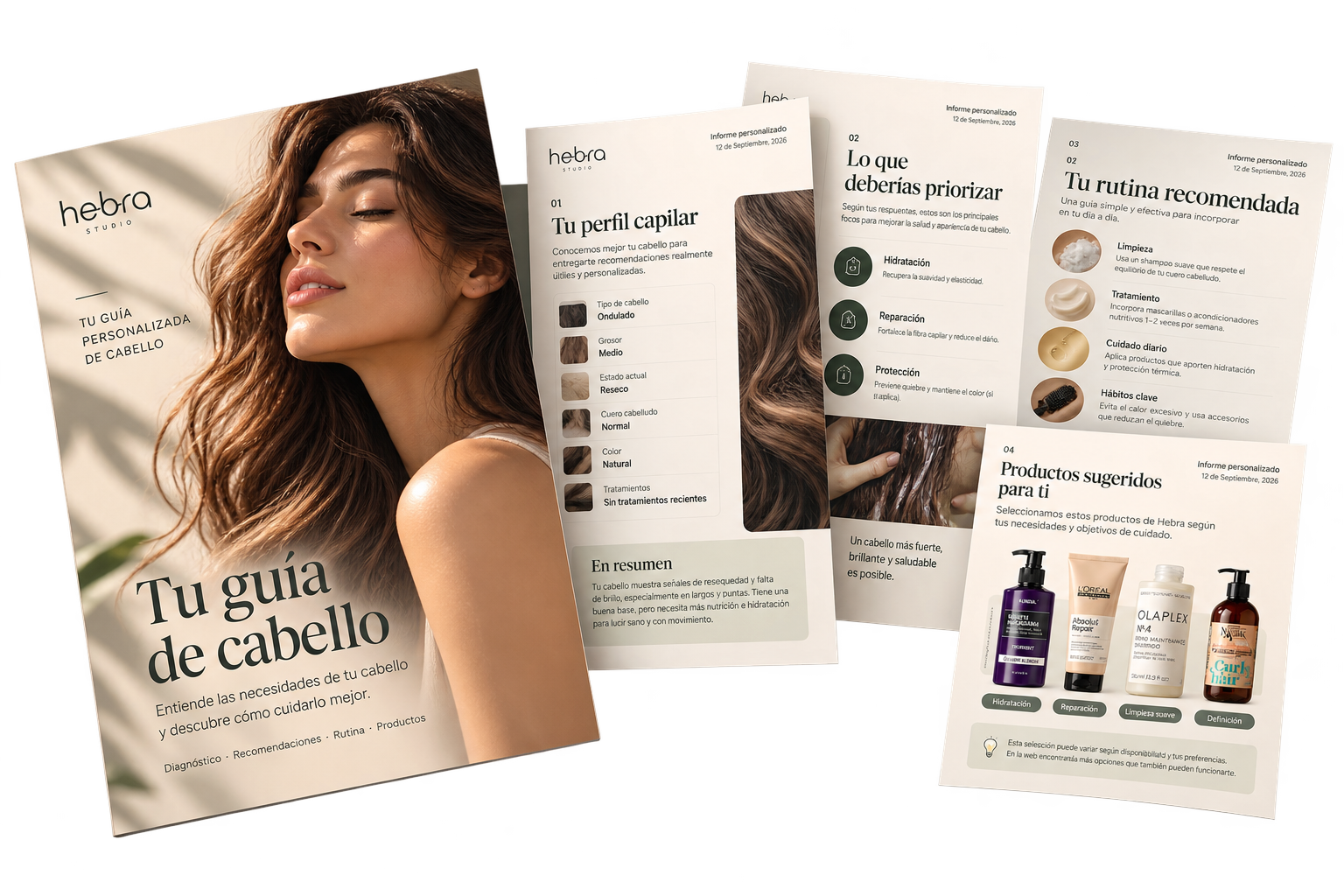 Informe personalizado Hebra: guía de cabello con análisis, prioridades, rutina y productos recomendados