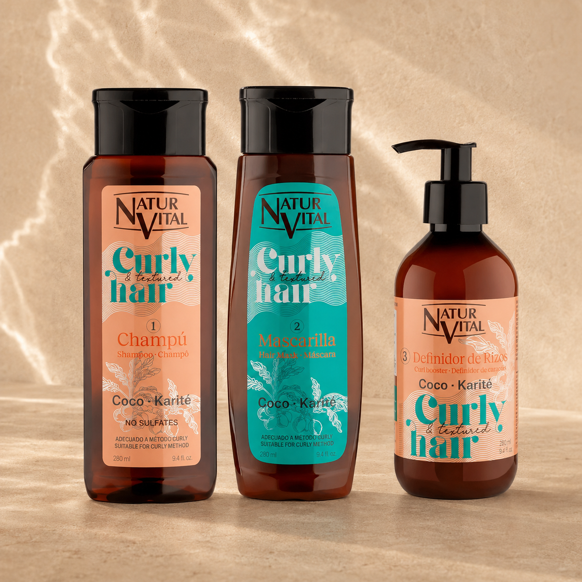 Pack NaturVital Curly Shampoo + Mascarilla + Definidor de Rizos 3 × 280 ml