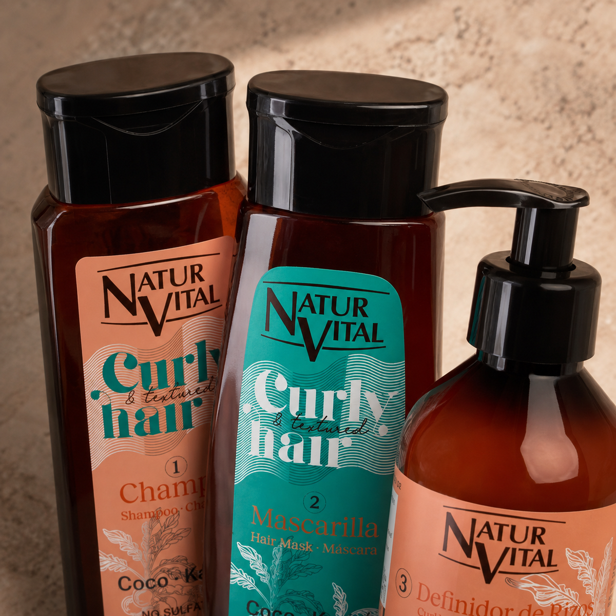 Pack NaturVital Curly Shampoo + Mascarilla + Definidor de Rizos 3 × 280 ml